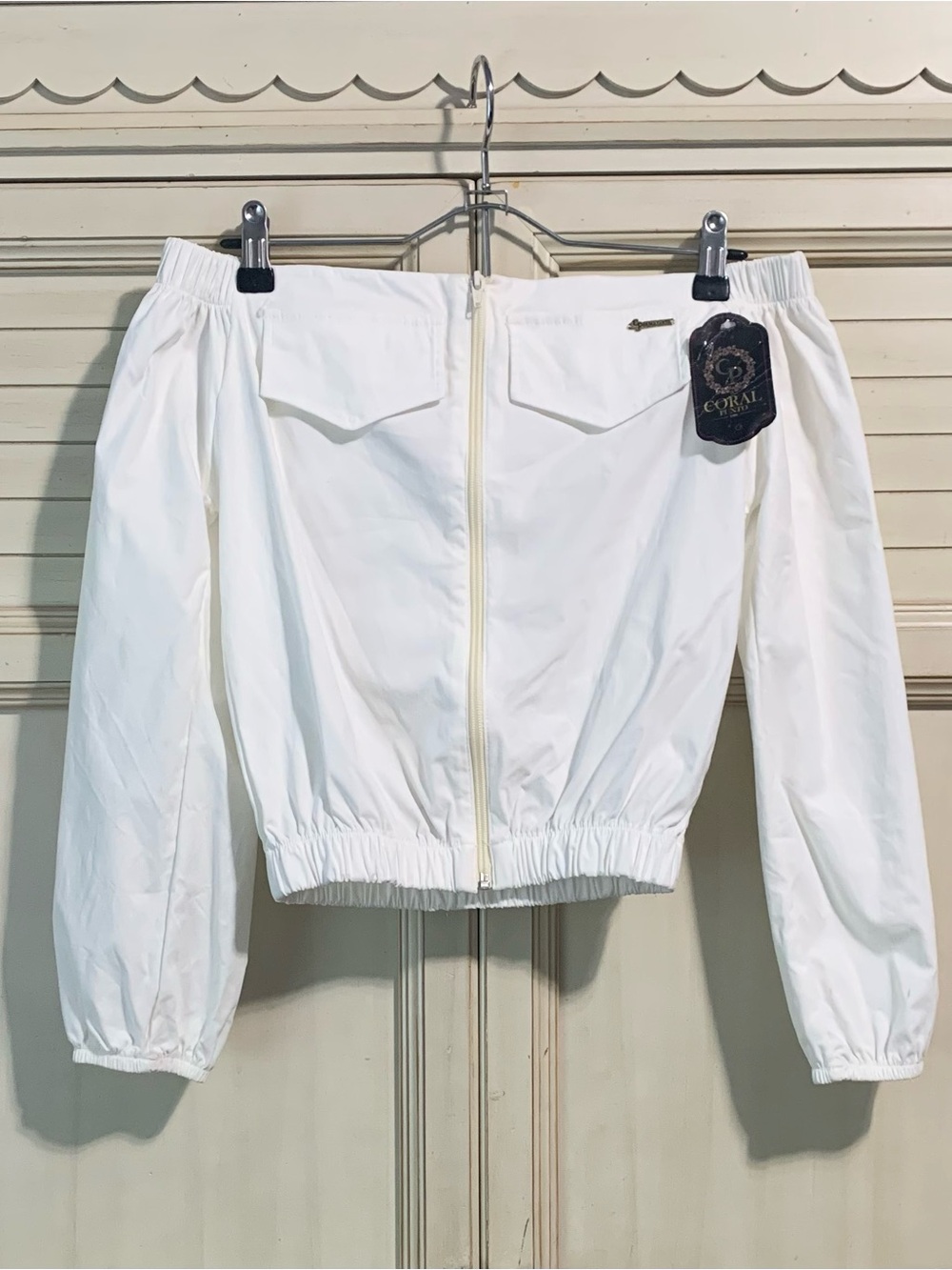 White Coral Punto Off Shoulder Zip Up Jacket Top Women’s Small Y2k 90s